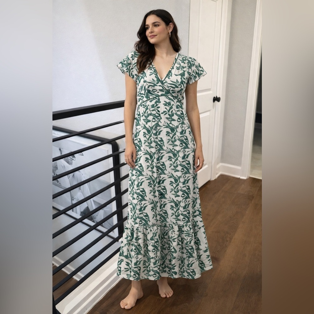 NWT Ex Voto 100% Cotton White Green Bird Block Printed Maxi Dress Green SZ M